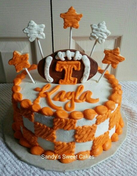 Tennessee vols cake decorated with cookies. Www.Facebook.com/sandyssweetcakes Tennessee Vols Birthday Cake, Tennessee Vols Birthday Party, Tennessee Birthday Party, Cake Decorated With Cookies, Tennessee Football Party, Tennessee Cake, Football Theme Birthday, Backyard Movie Party, Birthday Things