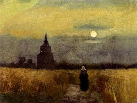 The Old Tower at Dusk 1884. While in Nuenen Van Gogh made a number of paintings of The Old Church Tower at Nuenen, born of his enjoyment of visiting churches and cemeteries. In a letter to his brother Theo “... I have also been working again on the old tower in the fields in the evening; I’ve made a larger study of it than my previous ones — with the wheatfields around it.” Van Gogh Wallpaper, Starry Night Painting, Moonlight Painting, Vincent Van Gogh Paintings, Van Gogh Museum, Art Classique, Van Gogh Paintings, Dutch Painters, Post Impressionism