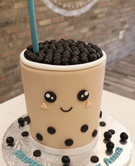 Sculpted Boba Tea Birthday Cake / Custom Birthday Cake Cake Ideas 12 Birthday, Boba Tea Cookies, Bobba Tea Cake, Boba Theme Cake, Boba Macaron, Boba Tea Cake Ideas, Bobba Birthday Party, Bubble Tea Cake Design, Boba Tea Theme Birthday Party