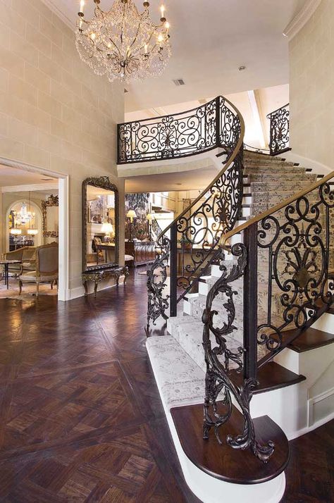 Love the wrought iron design of this staircase and the details, finishing in this house. Wrought Iron Railings, Mediterranean Mansion, Iron Railings, Tuscan House, Spanish Style Homes, Lan Can, Mediterranean Decor, Tuscan Decorating, Iron Railing