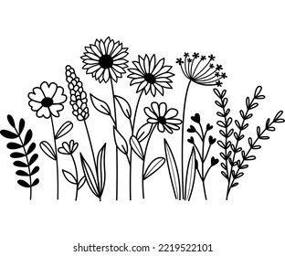 Hand drawn wildflower meadow Style vector illustration, Flower and leaf herbs isolated on white Background, Invitation, Wedding card, Greeting card, Posster. Flower Design Template, Wildflower Embroidery Pattern Free, Hand Drawn Flowers Simple, Hand Drawn Greeting Cards, Embroidery Flowers Pattern Templates Free Printable, Flower Embroidery Pattern Free Templates, Wildflower Drawings, Wildflower Doodles, Herbal Design