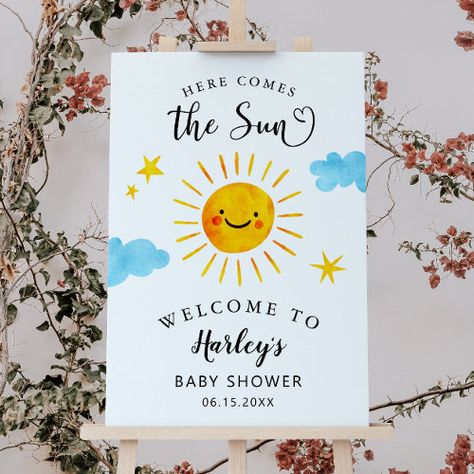 Sunshine Baby Shower Welcome Sign Summer Craft - sunshine baby shower, welcome sign, here comes the sun, party decor, party decoration, gender neutral, girl baby shower, boy baby shower, summer baby shower, yellow Wedding Bathroom Signs, Sunshine Theme, Sunshine Baby Shower, Sunshine Baby Showers, Smiling Sun, Summer Baby Shower, Baby Shower Supplies, Baby Shower Inspiration, Shower Welcome Sign