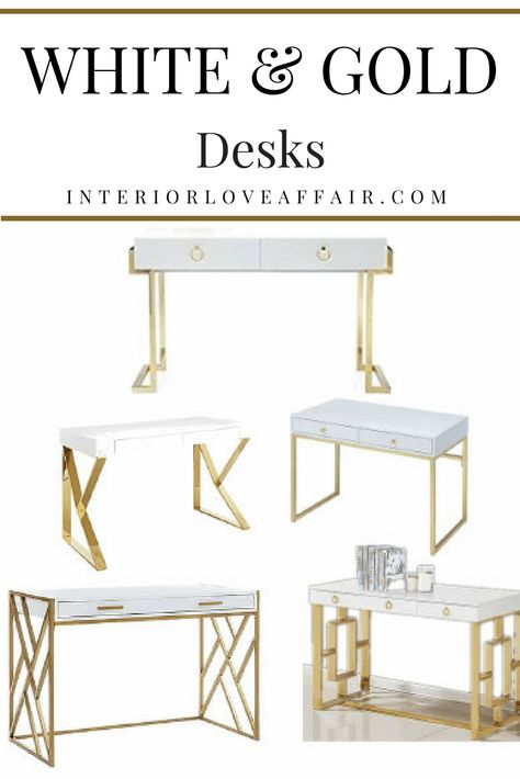 Chic Desk Office, Nice White Desk, White And Gold Office Chair, White And Gold Office Decor, Gold And White Desk, White And Gold Office, Glam Desk, Office Tour, White Desk Office