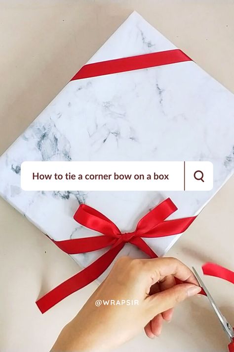 Diagonal ribbon wrapping Corner Ribbon Wrapping, Diagonal Ribbon On Gift, Curling Ribbon Ideas Gift Wrapping, Ribbon On Presents, Bows For Presents, Ribbon Wrapping, Ribbon Box, How To Tie Ribbon, Bows Diy Ribbon