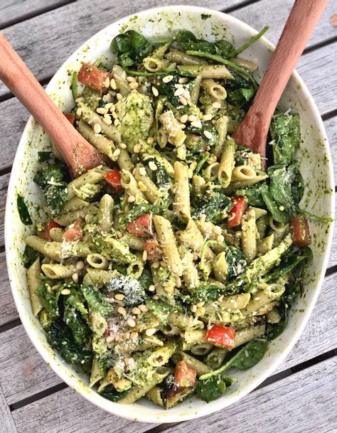 Spinach Pesto Pasta Salad, Pesto Spinach Chicken, Pesto Pasta With Chicken, Pine Nuts Pasta, Chicken Pesto Pasta Salad, Spinach Pesto Pasta, Postpartum Meals, Pasta Salad With Spinach, Grilled Chicken Pasta