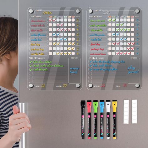 PRICES MAY VARY. Cultivate Good Habits - This magnetic acrylic children's chores chart set includes two magnetic chore charts suitable for multiple kids, with six color-coded marking pens to keep daily and weekly tasks organized. As children complete chores, they are motivated to develop good daily habits and a sense of family responsibility. The minimalist design means more efficient, allowing children to clearly see completed tasks, enhancing self-recognition, and helping them build independen Marriage Chore Chart, Chores Board, Kids Chore Board, Sticker Chore Chart, Teenage Chore Chart For Money, Chore Chart Magnets, Chore Chart Rewards, Chore Rewards, Chores Chart