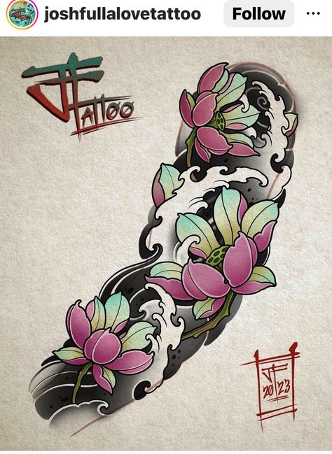 Japanese Traditional Lotus Tattoo, Japanese Tattoo Lotus, Japanese Wave Tattoos, Japanese Leg Tattoo, Japanese Masks, Japanese Snake Tattoo, Dragon Tattoo Sketch, Japanese Lotus, Lotus Flower Tattoo Design