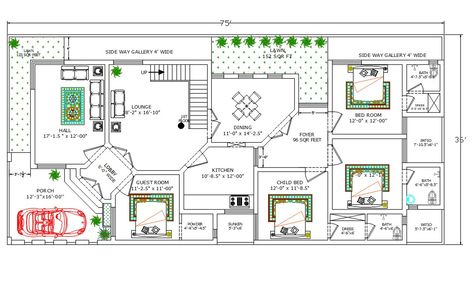 36X75 feet architecture house ground floor plan with furniture layout AutoCAD drawing includes 4 bedrooms with an attached toilet including guest room, 17'X12' hall, wide lounge, dining area, modular kitchen, 69 sq ft foyer, garden lawn, and 12X16 feet car parking porch area. download 2700 square feet house furniture layout plan drawing DWG file. Floor Plan With Furniture, Furniture Drawing, Double Storey House Plans, Cottage House Designs, House Plans South Africa, Beautiful Bedroom Colors, Modern Bungalow House Design, Building Layout, Modern Bungalow House