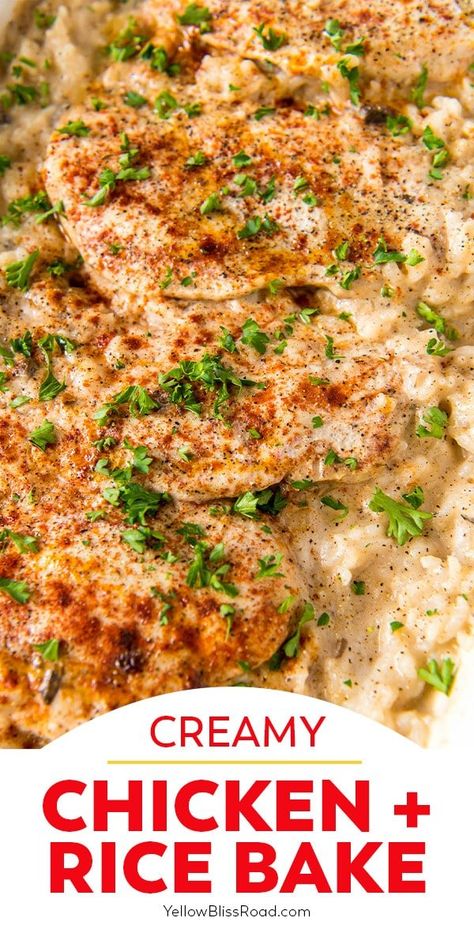 This Chicken and Rice Bake has rice, mushroom soup, chicken breasts and seasoning for a delicious one pan meal that's ready in about an hour. One Pan Creamy Chicken And Rice, Rice And Chicken Breast Recipes, Chicken Brocolli Rice, Mushroom Soup Chicken, Oven Chicken And Rice, Baking Frozen Chicken, Boiled Chicken And Rice, Rice Mushroom Soup, Cheesy Chicken Rice Casserole