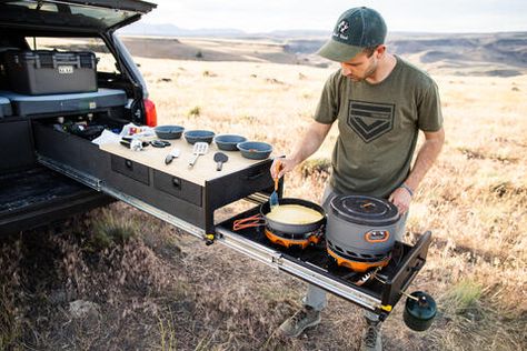 The Best Overlanding Camp Kitchen | TruckVault Overland Kitchen Ideas, Truck Bed Kitchen, 4x4 Kitchen, Overland Kitchen, Jeep Overlanding, Lexus 470, Hilux Camper, Stove Storage, Apache Camper