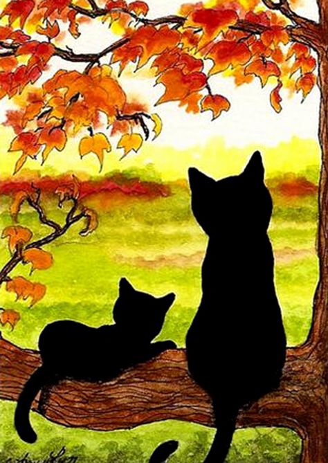 Cats In Autumn, Fall Canvas Painting, Fall Canvas, Söt Katt, Easy Canvas Art, Black Cat Art, Original Art Prints, Autumn Landscape, Pastel Art