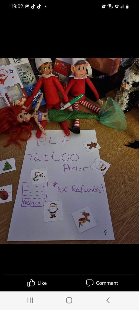 Elf On The Shelf Tattoo Parlor, Elf On The Shelf Tattoo, Elf And Elf Pet Ideas, Christmas In July Elf On The Shelf, Elf On The Shelf Arrival Ideas Toddler, Elf On The Shelf Ideas Interactive, Introducing 2nd Elf On The Shelf, Elf On The Shelf Wedding, Elf On The Shelf Bedroom Ideas