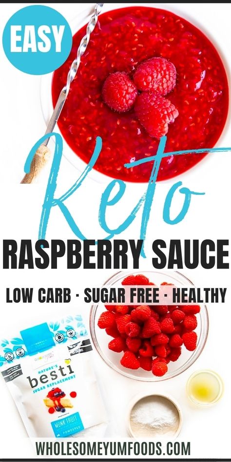 Keto Raspberry Sauce Recipe - Spoon this sweet, sugar-free keto raspberry sauce recipe over pancakes, cheesecake, and more! Made with just 3 ingredients + ready in 10 minutes. #wholesomeyum Keto Raspberry Jam, Keto Camping, Raspberry Sauce Recipe, Keto Raspberry, Low Carb Holiday Recipes, Camping Meal, Sugar Free Jam, Keto Sauces, Backpacking Meals