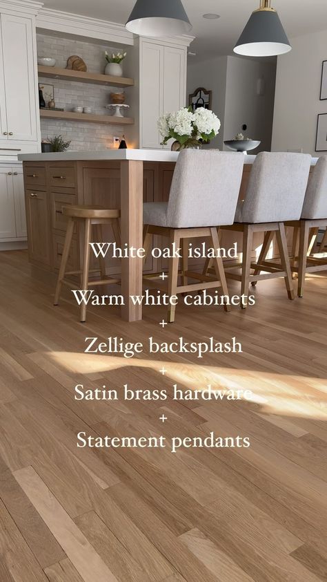 Ally • Home Inspo | HERE is my new favorite combo: white oak island, warm white perimeter cabinets, zellige backsplash, satin brass hardware and statement… | Instagram Oak Kitchen Cabinets With White Island, Tan Island White Cabinets, Oak Cabinets White Island, White Kitchen With Stained Wood Island, White Oak Floor Dining Room, White Oak Kitchen Cabinets With Dark Island, Oak Island White Cabinets, White Oak Kitchen Island Ideas, White Oak And White Cabinets Kitchen