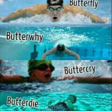 When your butterfly stroke looks very different at the beginning of a race than it does at the end: | 24 Pictures That Are Actually A Little Too Real For Swimmers Swimming Quotes Funny, Swimmer Memes, Swimming Jokes, Swimming Funny, Swimming Motivation, Swimming Memes, Swimmer Problems, I Love Swimming, Swimmers Life