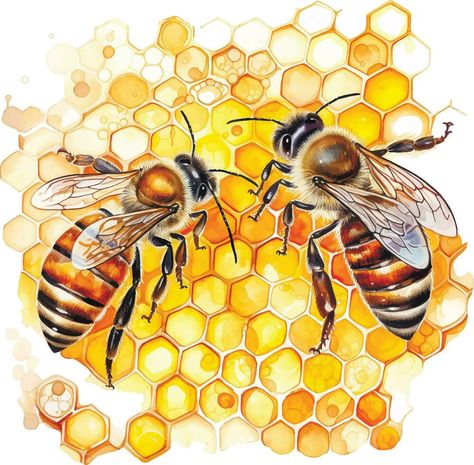 watercolor drawing. honeycombs and bees. illustration on the theme of beekeeping, farming, natural products Bee Hive Art Illustration, Honeybee Drawing, Honeycomb Drawing, Bee Ephemera, Honeycomb Illustration, Honeycombs Drawings, Bees Illustration, Honeybee Art, Bee Drawing