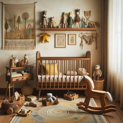 Generated by Microsoft Copilot Baby Room Ideas Vintage, Cottagecore Baby Room, Nursery Wall Shelves, Vintage Boy Nursery, Western Baby Nurseries, Vintage Baby Rooms, Vintage Nursery Boy, Nursery Wall Shelf, Cottagecore Nursery