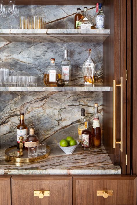 JHL Design | Condo Italia Bar Counter Styling, Single Wall Home Bar, Wall Mounted Drinks Cabinet, Bar Area Next To Fireplace, Built In Bar With Floating Shelves, Bar In Bookshelf, Art Deco Wet Bar, Wet Bar Window, High End Home Bar