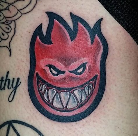 Spitfire Tattoo Design, Skater Tattoos Ideas, Skate Tattoo Ideas, Spitfire Tattoo Skate, Spitfire Logo Tattoo, Monster Logo Tattoo, Classic Monster Tattoo, Skateboard Tattoos, Traditional Monster Tattoo