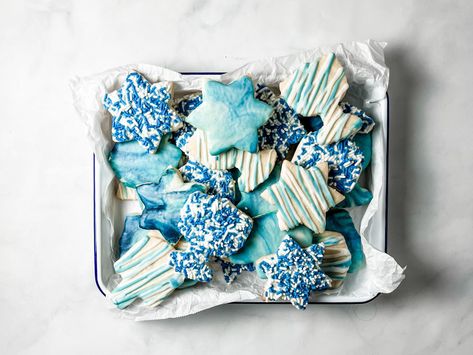 The Best Hanukkah Cookie Recipe | The Nosher Hanukkah Baking, Hanukkah Cookies, Desserts For Two, Jewish Hanukkah, Hanukkah Food, Dessert For Two, Blue Food Coloring, Sugar Cookie Dough, Blue Food