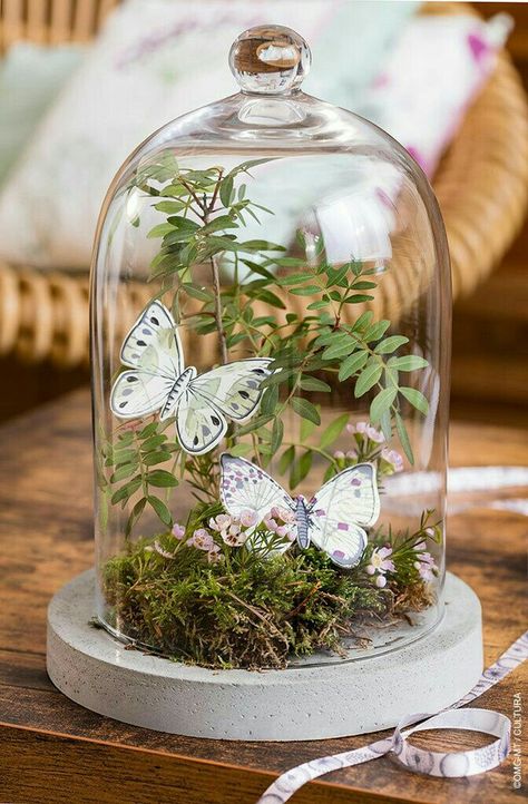 Cloche Decor, Fairy Garden Birthday Party, Decoration Vitrine, Glass Dome Display, Fairy Garden Party, Garden Party Birthday, Deco Nature, Spring Decor Diy, Butterfly Baby Shower