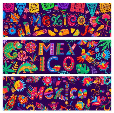 Banners mexicanos con comida, camaleones... | Premium Vector #Freepik #vector #fondo #banner #patron #flor Letterhead Business, Craft Fairs Booth, National Holidays, Letterhead, Free Vector Art, Photo Illustration, Craft Fairs, Powerpoint Presentation, Blue Backgrounds