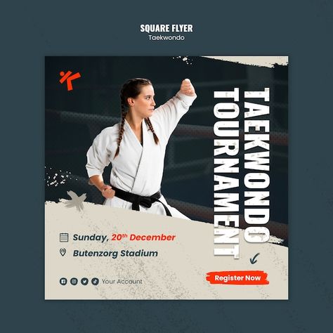 Free PSD taekwondo practice square flyer... | Free Psd #Freepik #freepsd #sport-template #sports-flyer #tournament-flyer #practice Taekwondo Practice, Tae Kwon Do, Flyer Free, Flyer Design Layout, Design Layout, Judo, Taekwondo, Free Psd, Flyer Template