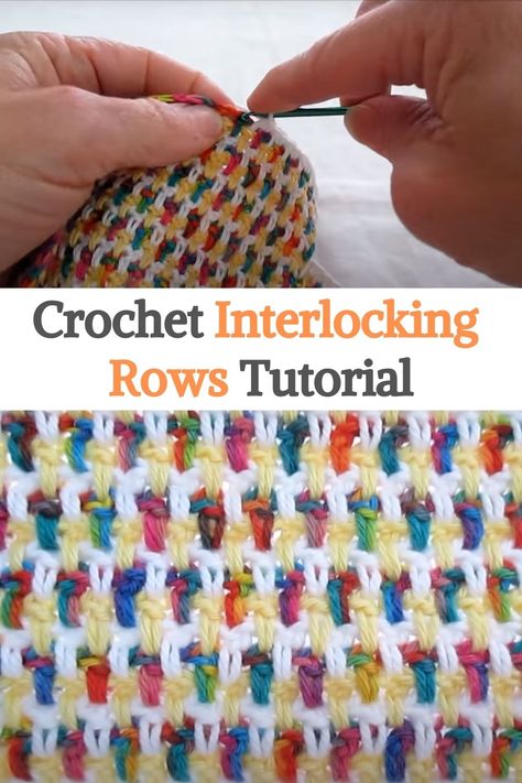 Crochet Interlocking Rows. You will find many uses for this versatile stitch technique, from washcloths to afghans! I love this pattern stitch. It can be so versatile, for washcloths, scarves, and afghans. It’s a great way to use hand-painted yarns to integrate the colors in delicious randomness or other multi-colored yarns to break up the puddling that can sometimes happen. #urbakicrochet #crochet #crochetinterlockingrows #tunisiancrochet #crochettechnique Crochet Interlocking Pattern, Crochet Blocking How To, How To Block Acrylic Yarn Crochet, Interlocking Block Stitch Crochet, Interlock Crochet, Crochet Block Stitch, Crochet Crocodile, V Stitch Crochet, Crochet Granny Stitch