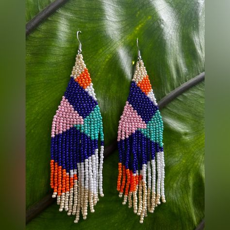 Handmade Seed Bead Earrings With Geometric Design And Shepherd Hook Closure. Shepherds Hook, Seed Bead Earrings, Bead Earrings, Seed Bead, Geometric Design, Beaded Earrings, Seed Beads, 4 Inch, Beaded Jewelry