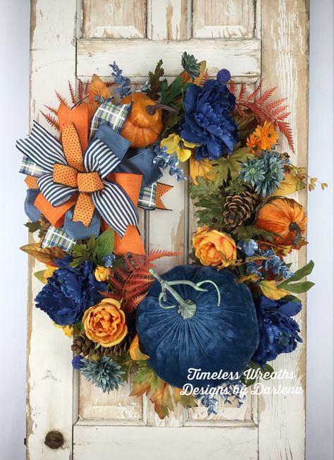 Blue Fall Wreath~Blue Fall Wreath for Front Door~Blue and Orange Fall Wreath~Large Fall Wreath~Designer Fall Wreath~Fall Peonies Wreath Blue And Orange Fall Decor, Blue Fall Wreath, Front Door Blue, Orange Fall Decor, Blue Fall Decor, Fall Mesh Wreaths, Fall Decor Wreaths, Fall Wreath For Front Door, Fall Thanksgiving Wreaths