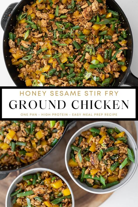 A simple honey sesame chicken alternative made with ground chicken, green beans, and bell peppers. You'll love this high protein, one pan recipe for busy weeknight dinners or Sunday meal prep. Sesame Ground Chicken, High Protein Meals Ground Chicken, Ground Chicken Green Beans, Ground Chicken Peppers Onions, Honey Garlic Ground Chicken, Asian Recipes With Ground Chicken, Ground Chicken And Green Beans Recipes, High Protein Meal Prep Ground Turkey, Ground Turkey Pineapple Recipes