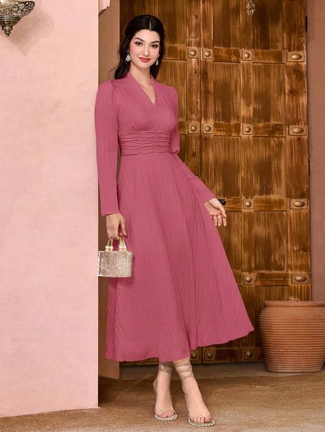 Coral Pink Elegant Collar Long Sleeve Woven Fabric Plain A Line Embellished Non-Stretch  Women Clothing Ruched Waist Dress, Style Bleu, Designer Midi Dresses, Mauve Purple, Linen Clothing, Textured Dress, Simple Dress, Prom Outfits, Embroidered Clothes