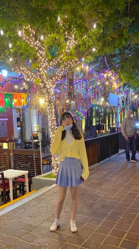 Cute yellow cardigan blue skirt outfit Yellow And Blue Outfits Aesthetic, Yellow Pastel Outfit, Yellow And Blue Outfits, Blue Outfits Aesthetic, Blue Skirt Outfit, Blue Skirt Outfits, Trilogy Tour, Blue Outfits, Yellow Pastel