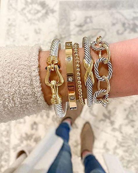 David Yurman Bracelet Stack With Apple Watch, Bracelet Stack Ideas With Apple Watch, Bracelet Stack Ideas Gold, Stacked Bracelets With Watch, Bracelet Stack With Apple Watch, Mixed Metal Bracelet Stack, Apple Watch Bracelet Stack, Watch And Bracelet Stack, Designer Bracelet Stack