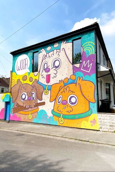 Images are photos of a large mural on the whole side of an end of terrace house. The mural depicts 3 terrier dogs (the house owners) in a very cartoony style. Hallway Mural, Japanese Character Design, Bristol Uk, Graffiti Characters, Japanese Characters, Mural Wall, Cute Style, Bristol, Art Illustration