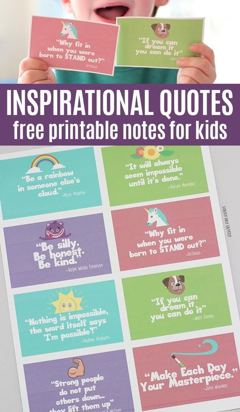 Free printable inspirational quote cards for kids! These adorable cards remind kids to be kind and never give up with quotes they will love. Perfect for lunchbox notes, random acts of kindness, or just because. #lunchboxlove #inspirationalquotes #freeprintables #printablesforkids Children Quotes Love For Kids, Inspirational Quotes Cards, Lunchbox Notes, Children Quotes, Inspirational Quotes For Kids, Printable Inspirational Quotes, Free Printable Cards, Inspirational Printables, Printable Notes