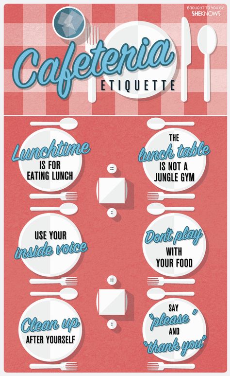 A quick crash course in cafeteria etiquette for kids Etiquette For Kids, Cafeteria Behavior, Cafeteria Decorations, School Cafeteria Decorations, Cafeteria Bulletin Boards, Cafeteria Decor, School Lunchroom, Whole Class Rewards, Class Rewards