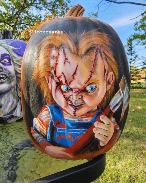 "This is a custom painted CHUCKY pumpkin. Painted from acrylic.  Measures about 12-14\" in height Color of the pumpkin: ORANGE Made out of Foam   Material: Hard Foam Mid-West artist for over 25 years!" Chucky Pumpkin Painting, Creative Painted Pumpkins, Horror Pumpkin Painting, Chucky Pumpkin, Chucky Custom, Scary Pumpkin Painting, Creative Pumpkin Painting Ideas, Pumpkin Board, Pumpkin Painted