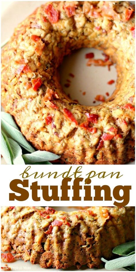 This easy bundt pan stuffing recipe is amazing and a pretty way to serve your favorite holiday side dish for Thanksgiving or Christmas time. If you're looking to impress your guests use this method of serving your stuffing. It is a simple way to make stuffing look fancy but not cost much at all. #stuffing #best #thanksgiving #pretty #vegetarian #bundtpan #recipes #sidedish #christmas #easy #recipe #simple via @thetypicalmom Pan Stuffing Recipe, Bundt Pan Stuffing, Side Dish For Thanksgiving, Bundt Pan Recipes, Stuffing Recipes For Thanksgiving, Holiday Side Dish, Christmas Easy, Thanksgiving Dinner Recipes, Thanksgiving Stuffing