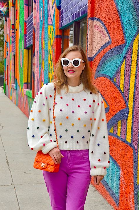 Pom Pom Jackets, Pom Pom Clothes, Pom Pom Skirts, Rainbow Pom Pom, Pom Pom Sweater, Pom Pom Dress, Rainbow Outfit, Rainbow Sweater, Girl Rainbow