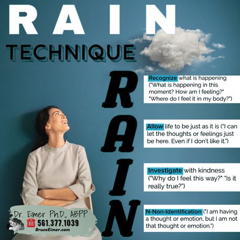 RAIN Technique explained Have you tried the RAIN technique for coping with difficult emotions? #mindfulness #selfcare #mentalhealth #emotionalintelligence #RAINtechnique #DrEimer ⁣#hypnosis #mentalhealth Rain Technique, Hypnotherapy, Have You Tried, Emotional Intelligence, This Moment, You Tried, The Rain, Self Care, I Can