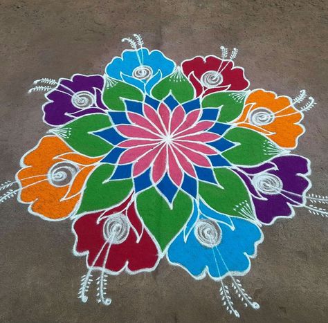 Rangoli Designs Sankranti Special, Vasal Kolam, Rangoli Kolam Designs With Colour, Unique Rangoli Designs Beautiful, Rangoli Designs Latest Unique, Artistic Rangoli, Rangoli Designs Beautiful, Unique Rangoli Designs, Color Rangoli