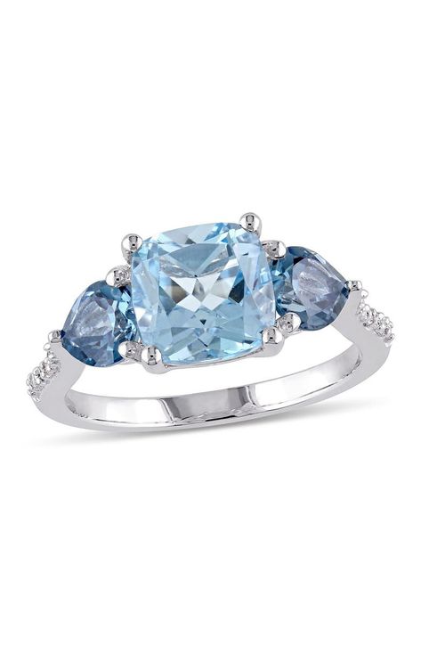 DELMAR Sterling Silver Prong Set Cushion Cut Sky & London Blue Topaz Diamond Accented Floral Ring | Nordstromrack Sky London, 3 Stone Rings, Floral Ring, Blue Topaz Stone, Diamond Guide, Pretty Jewelry, Sky Blue Topaz, Topaz Stone, Sterling Silver Flowers