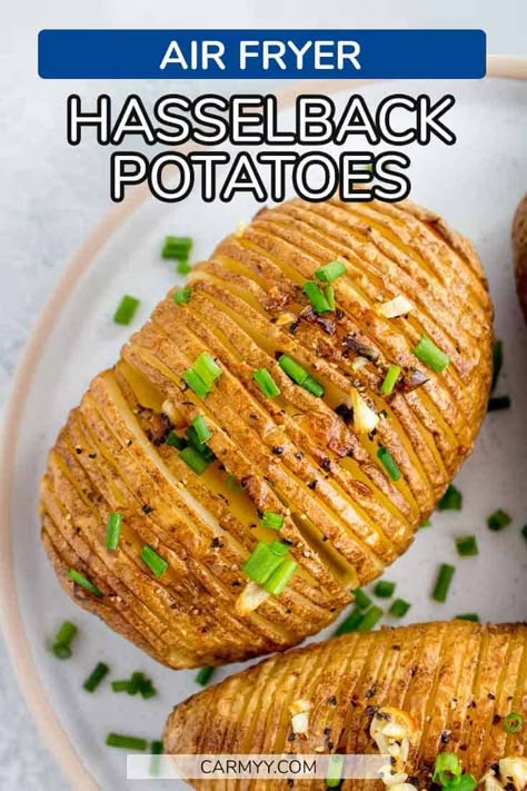 These Air Fryer Hasselback Potatoes only require a couple of ingredients and a few simple steps to make. Thinly sliced and then air fried to crispy perfection, it's so easy to make hasselback potatoes in an air fryer. Hazzleback Potatoes, Cheesy Hasselback Potatoes, Airfryer Potatoes, Air Fryer Hasselback Potatoes, Meatballs Baked, Potatoes With Bacon, Potatoes Air Fryer, Air Fry Potatoes, Air Fryer Potato