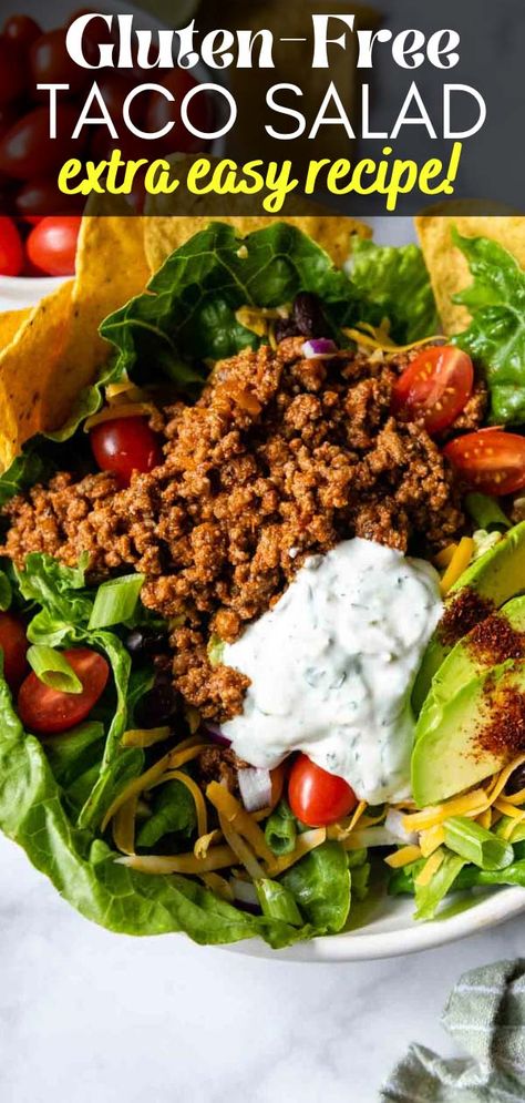 Gluten Free Taco Salad, Mama Gourmand, Salad With Ground Beef, Mamagourmand Recipes, Gluten Free Taco, Sour Cream Topping, Easy Taco Salad Recipe, Gluten Free Tacos, Gluten Free Dinner Easy