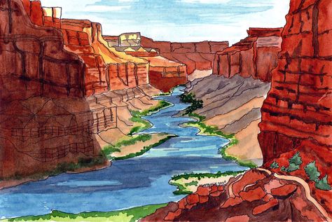 Canyon Watercolor, Grand Canyon Travel Guide, Western Watercolor, Ink And Wash, Beautiful Landscape Paintings, Paintings Tutorials, Colorado Art, Watercolor Art Journal, River View