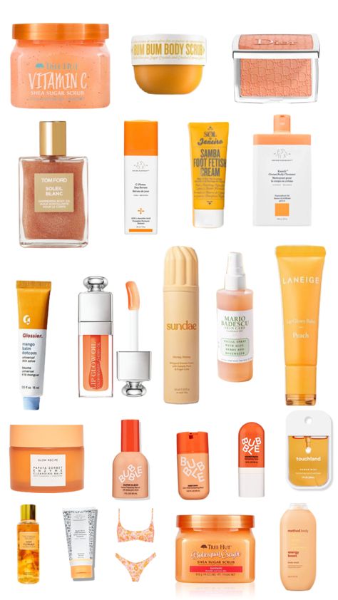 Orange Wishlist, Orange Makeup Products, Orange Skin Care Aesthetic, Orange Skincare, Yellow Skincare, Orange Scented Perfume, Orange Skincare Products, Orange Body Scrub, Preppy Orange