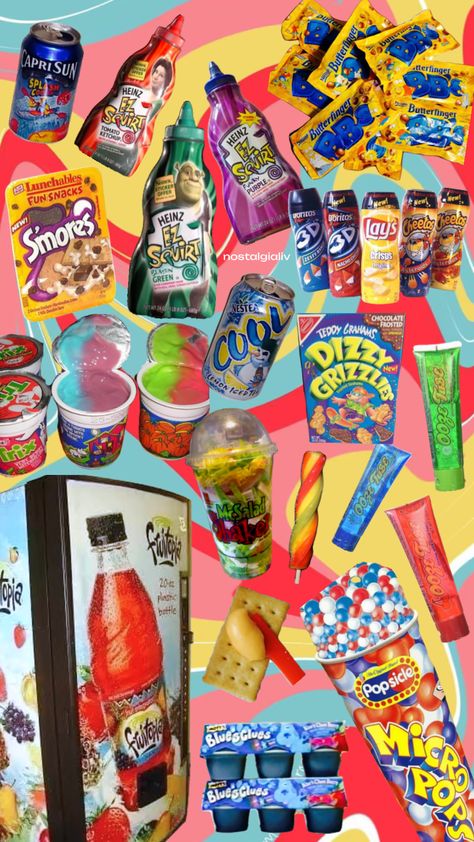 90s and 2000s discontinued foods, Fruitopia, Dizzy Grizzlers, Butterfinger BB's, green ketchup, Itzakadoozie Foods Wallpaper, Green Ketchup, 2000s Food, Discontinued Food, Teddy Grahams, 2000s Nostalgia, Food Wallpaper, Tomato Ketchup, Chocolate Frosting