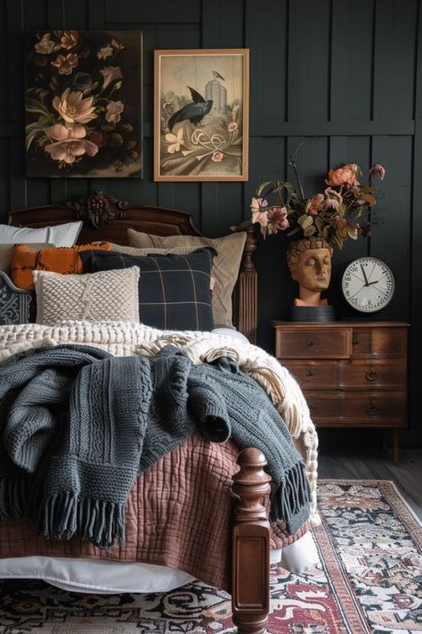 Vintage Charm Meets Modern Mystery: 25 Dark Cottage Core Bedroom Ideas Cottage Living Rooms Vintage, Outlander Bedroom Ideas, Cottage Core Guest Room, Dark Academia Bedspread, Dark Academia Bedroom Colors, Vintage House Bedroom, Moody Cottage Aesthetic, Cottagecore Master Bedrooms Decor, Moody Cottage Core Living Room