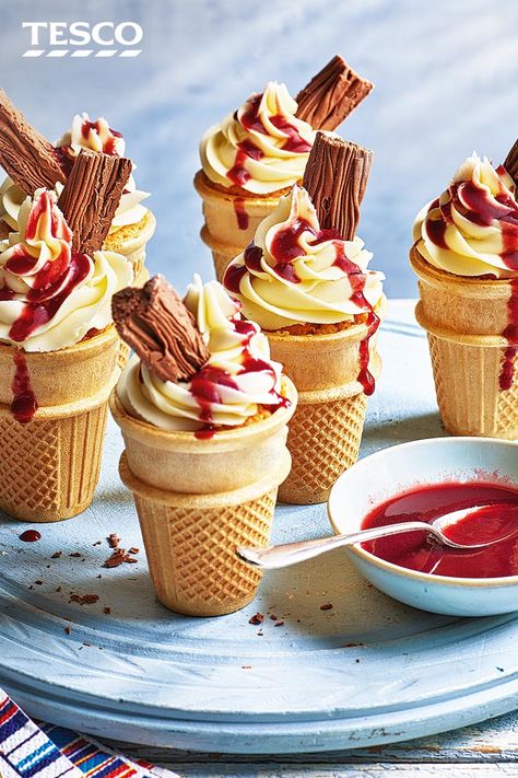 Cake Cones, Novelty Cupcakes, Sundae Cupcakes, Ice Cream Cone Cupcakes, Summer Cupcakes, Ice Cream Cakes, Cupcake Cones, Raspberry Coulis, Ice Cream Cupcakes